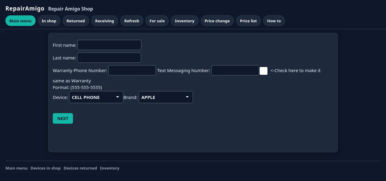 RepairAmigo intake form with customer name, phone and device fields (demo data)