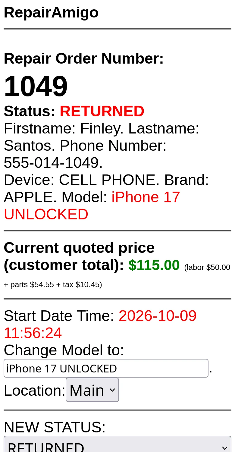 RepairAmigo ticket update on a phone (demo data)