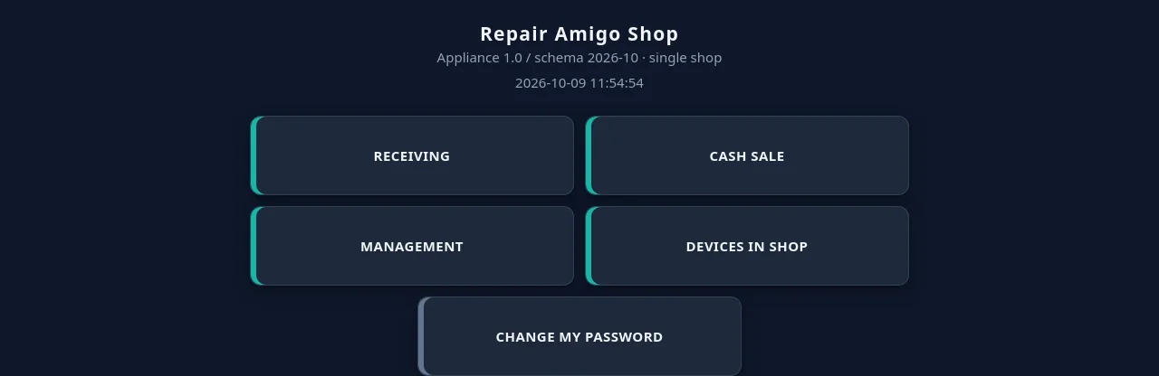 RepairAmigo main menu with colored tiles for receiving, cash sale, management and devices in the shop
