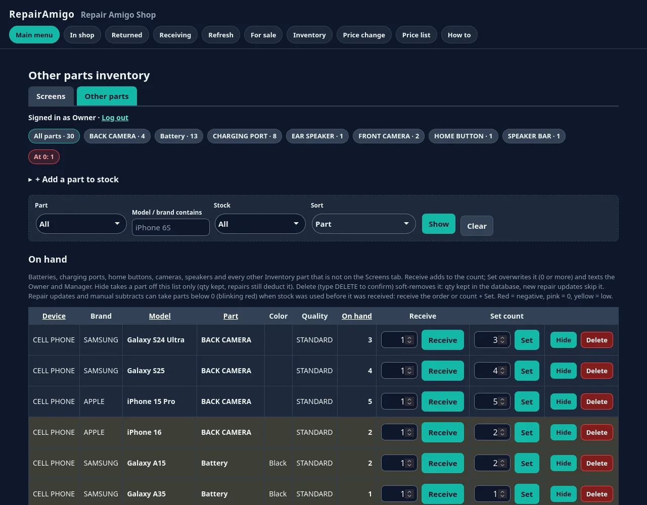 RepairAmigo other parts inventory (demo data)