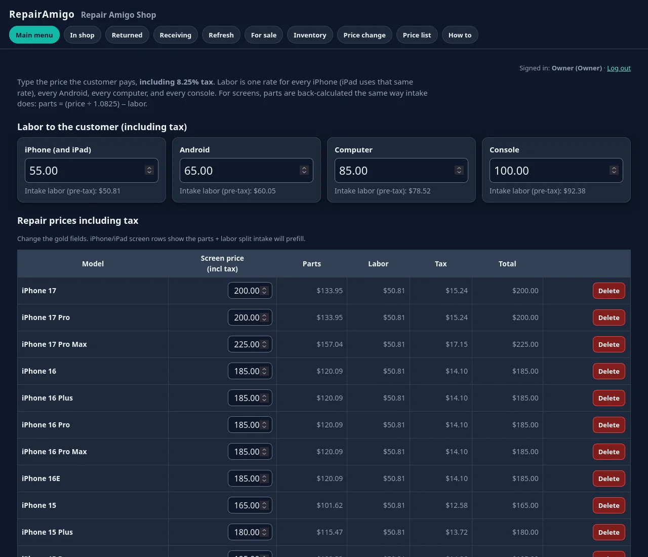 RepairAmigo repair price list editor (demo data)