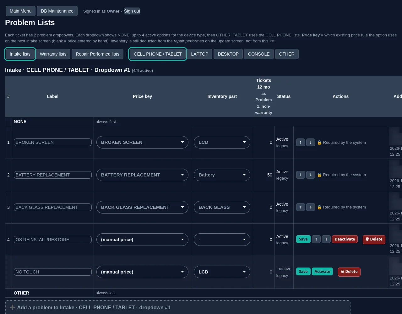 RepairAmigo problem lists editor with per-device options, price keys and inventory links (demo data)