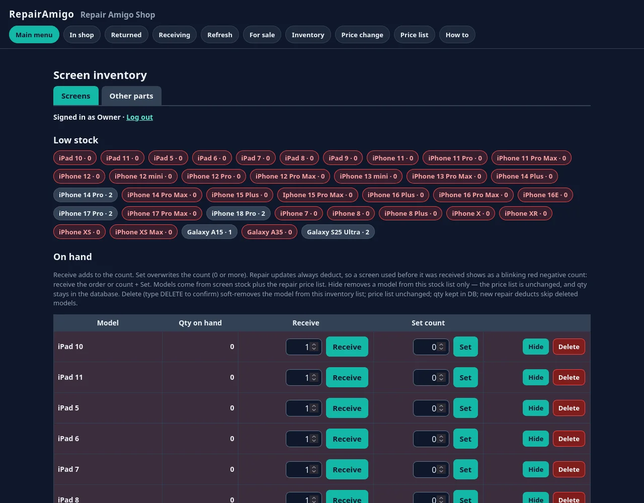 RepairAmigo screen inventory by model, quality and color (demo data)