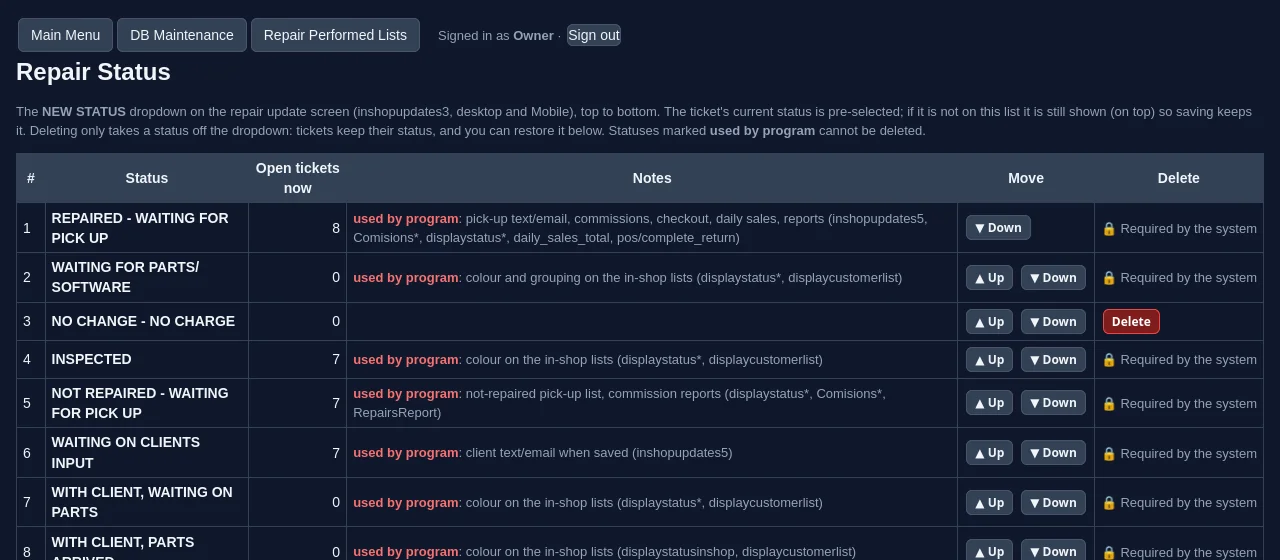 RepairAmigo repair status editor (demo data)