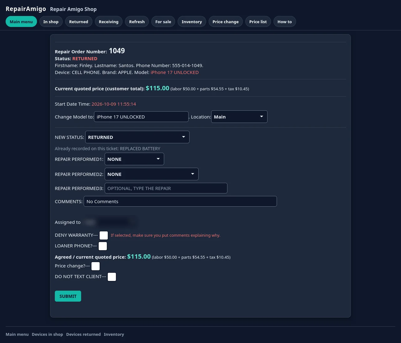 RepairAmigo ticket update screen with status, repair performed and assigned tech (demo data)