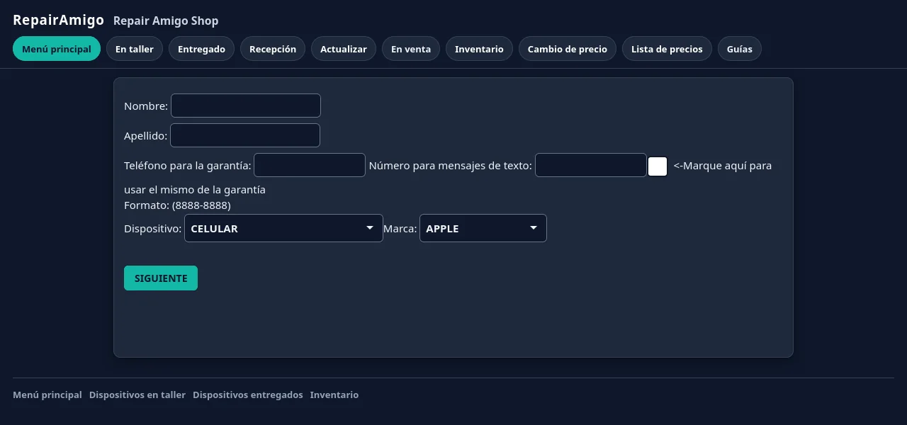 Formulario de recepción de RepairAmigo con nombre del cliente, teléfono y dispositivo