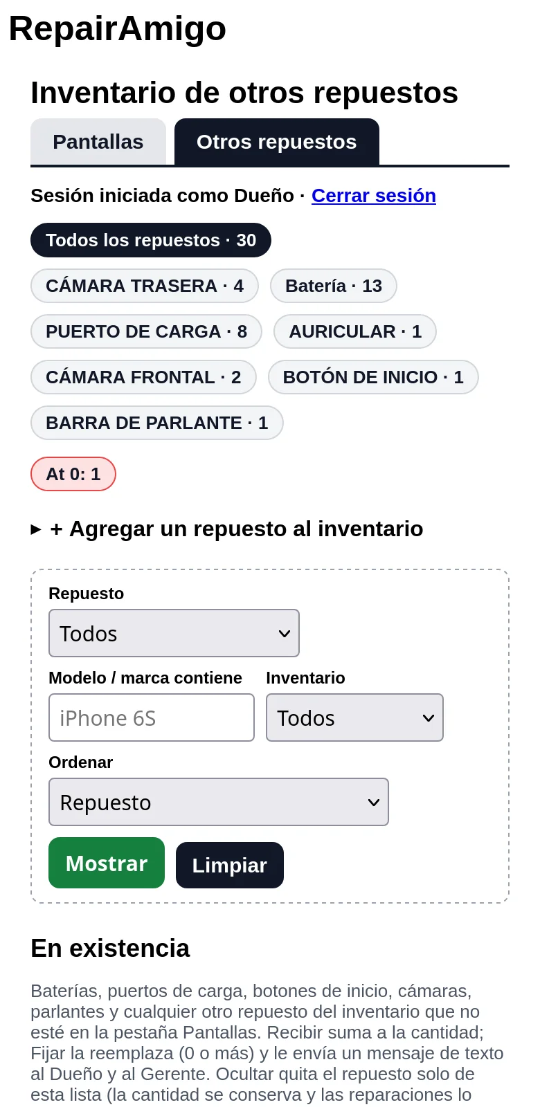 Inventario de otros repuestos de RepairAmigo en un celular
