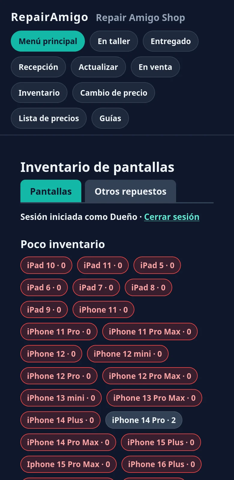 Inventario de pantallas en el celular