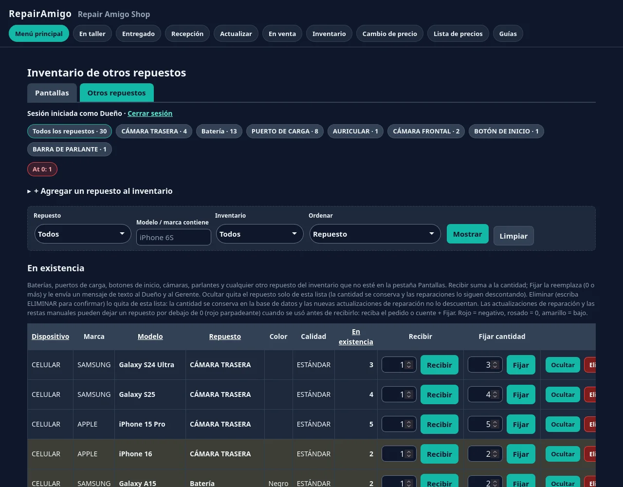 Inventario de otros repuestos de RepairAmigo