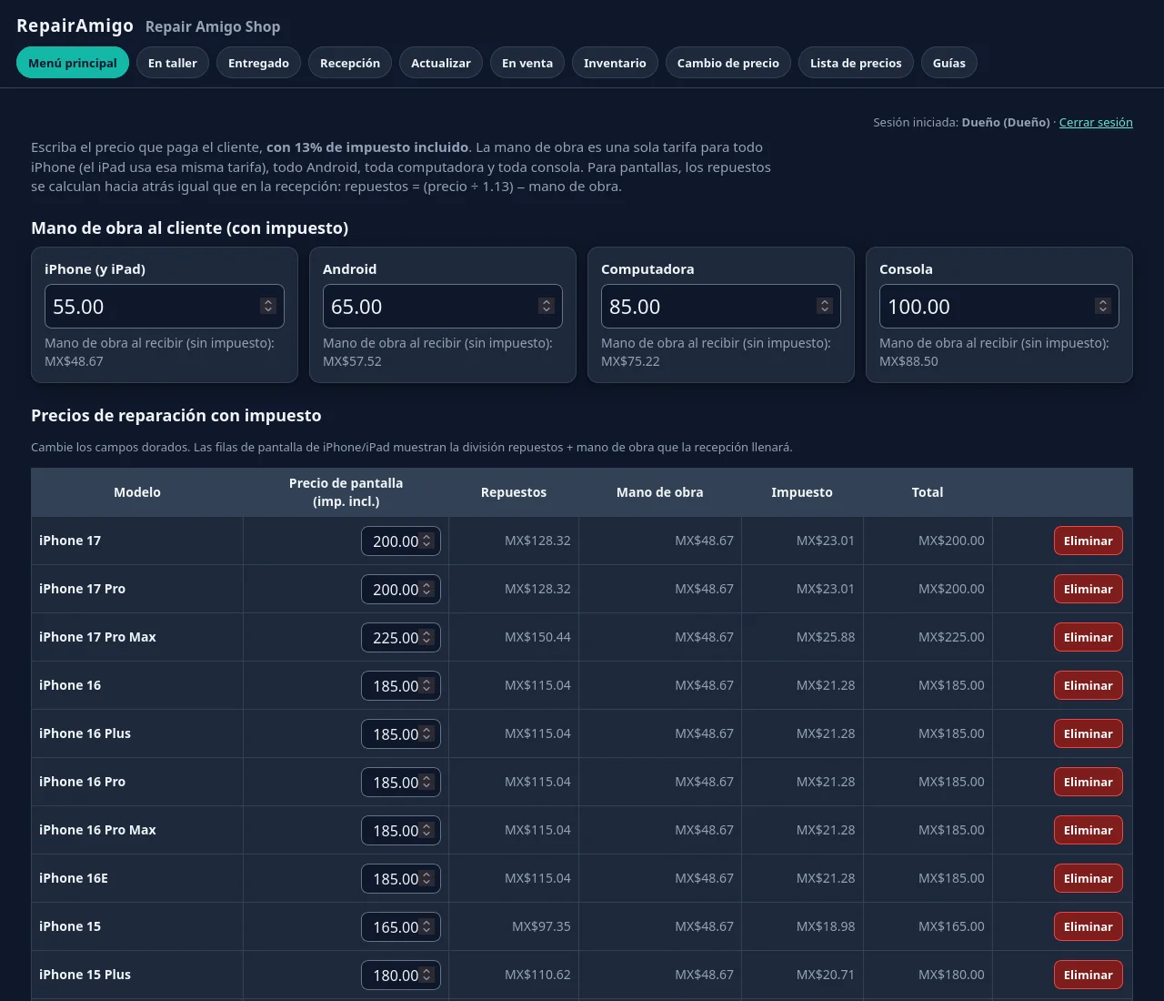 Editor de la lista de precios de reparación de RepairAmigo