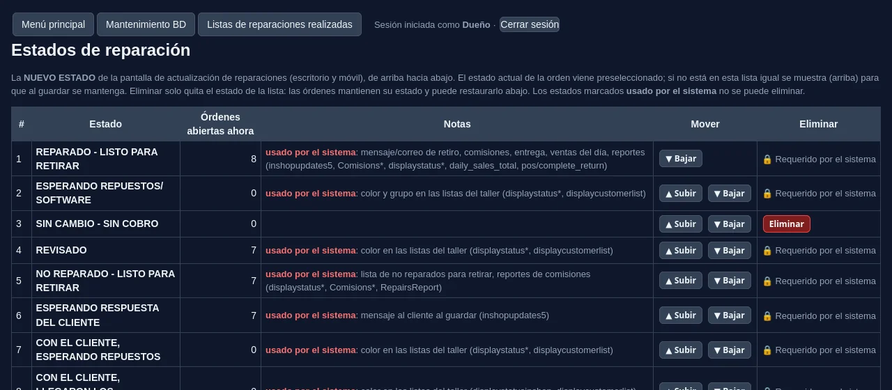 Editor de estados de reparación