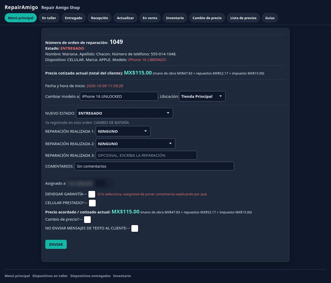 Pantalla de actualización de boleta de RepairAmigo