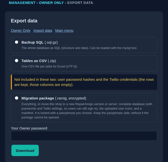 RepairAmigo Export data page with Backup SQL, Tables as CSV and Migration package options and the Owner password field