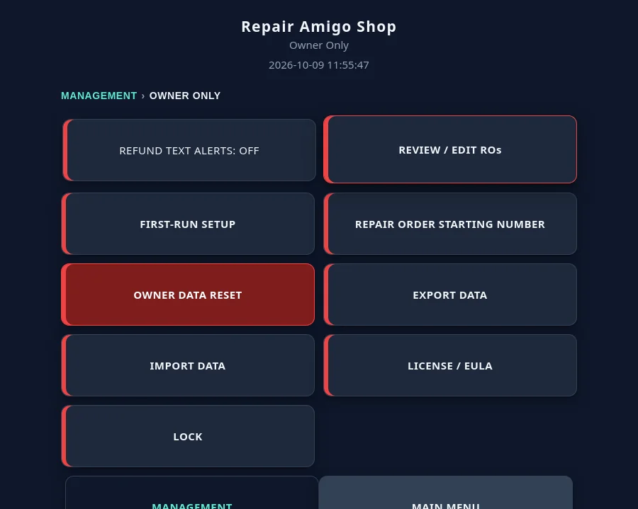 RepairAmigo Owner Only menu with Export Data and Import Data buttons