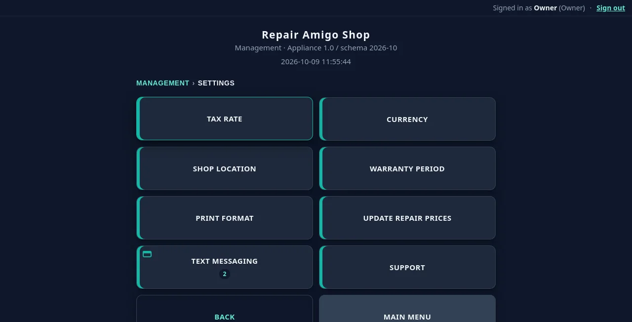 RepairAmigo Settings folder with tiles for tax rate, currency, shop location, warranty period, repair prices, text messaging and Support