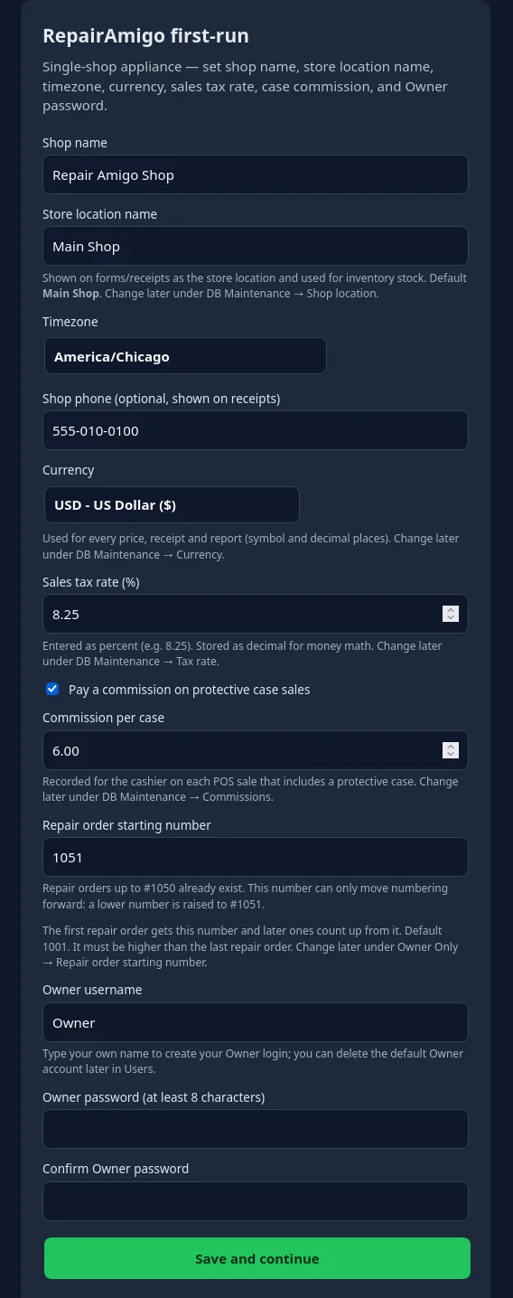 RepairAmigo first-run Setup page with shop name, store location, time zone, shop phone, currency, sales tax, case commission and Owner password fields