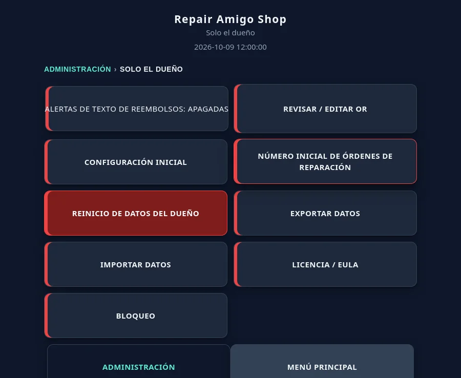 Menú Solo el dueño de RepairAmigo con los botones Exportar datos e Importar datos