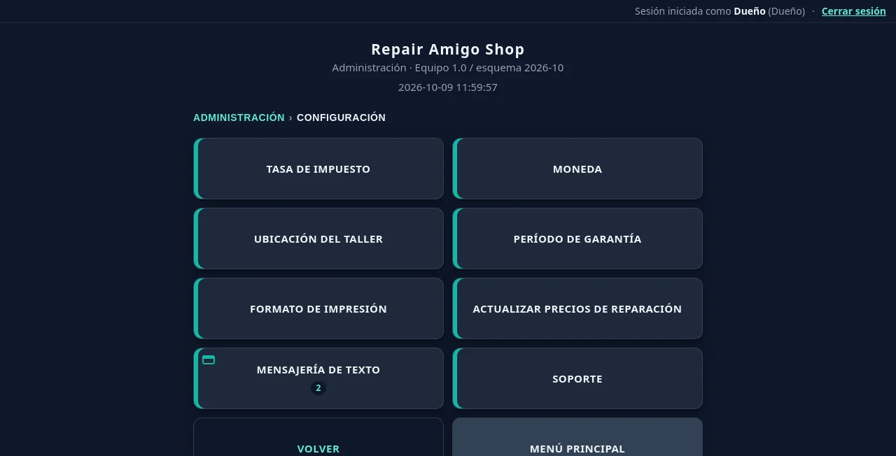 Carpeta Configuración de RepairAmigo con mosaicos de tasa de impuesto, moneda, ubicación del taller, período de garantía, precios de reparación, mensajería de texto y Soporte
