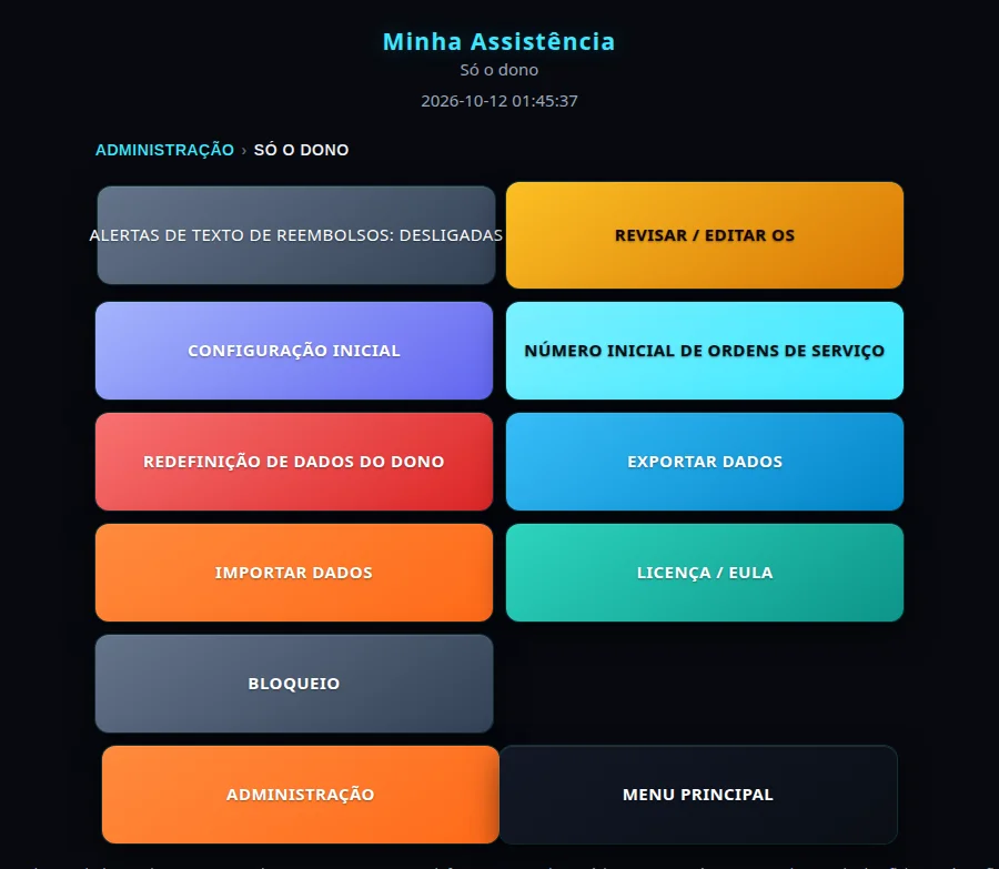 Menu Só o Dono do RepairAmigo com os botões Exportar dados e Importar dados