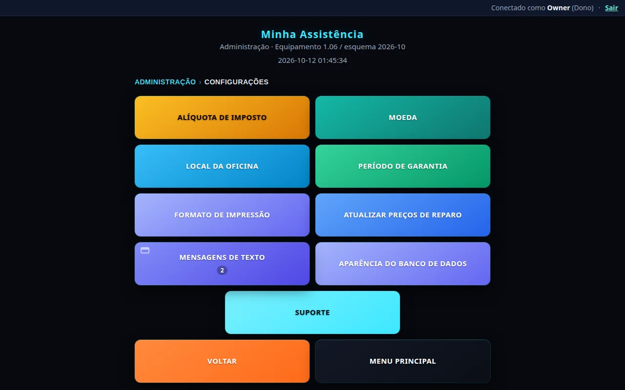 Pasta Configurações do RepairAmigo com blocos de imposto, moeda, local da loja, garantia, preços de conserto, SMS e Suporte
