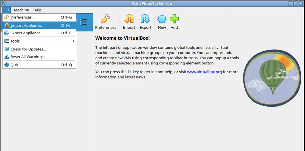 Menú File de VirtualBox abierto con la opción Import Appliance resaltada