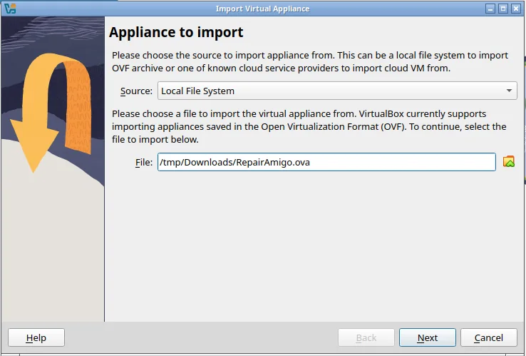 Asistente Import Virtual Appliance, paso Appliance to import, con el archivo RepairAmigo.ova seleccionado