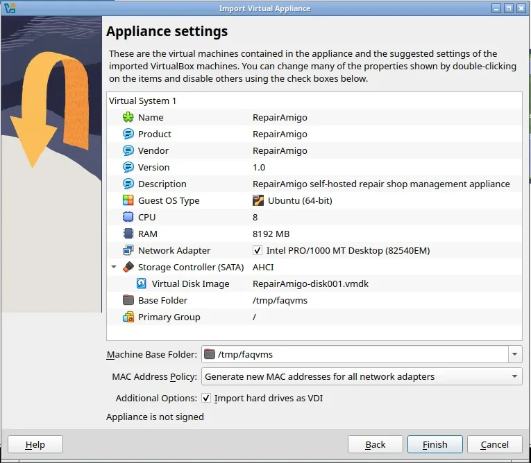 Paso Appliance settings con CPU 8, RAM 8192 MB y la política de direcciones MAC en generar direcciones nuevas