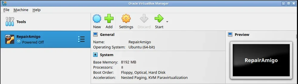 VirtualBox Manager con la máquina virtual RepairAmigo importada, apagada, con 8192 MB de memoria y 8 procesadores