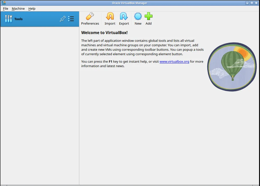 Ventana de Oracle VirtualBox Manager recién instalado, con la pantalla de bienvenida y la sección Tools