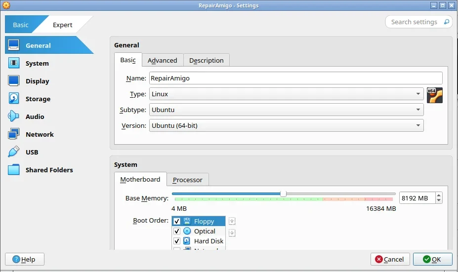 Ventana Settings de RepairAmigo con Base Memory en 8192 MB