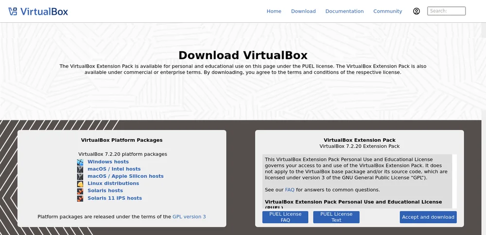 Página de descargas de virtualbox.org con la lista VirtualBox Platform Packages: Windows hosts, macOS / Intel hosts, macOS / Apple Silicon hosts y Linux distributions