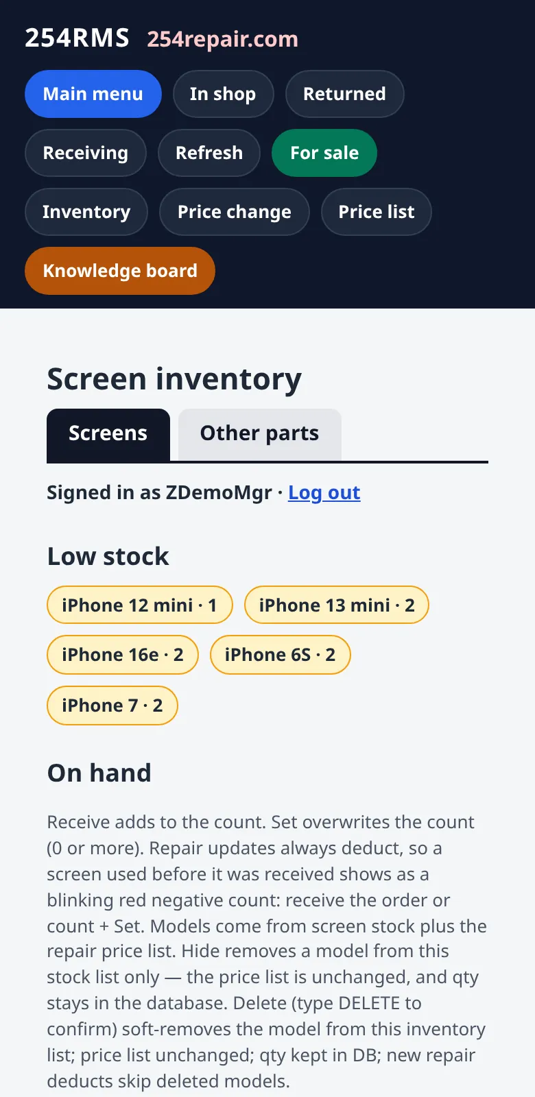 Screen inventory on mobile