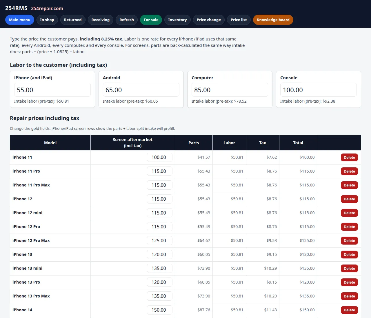 RepairAmigo repair price list