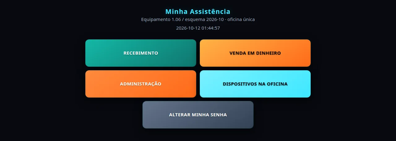 Menu principal do RepairAmigo com blocos coloridos para recebimento, venda em dinheiro, administração e aparelhos na loja