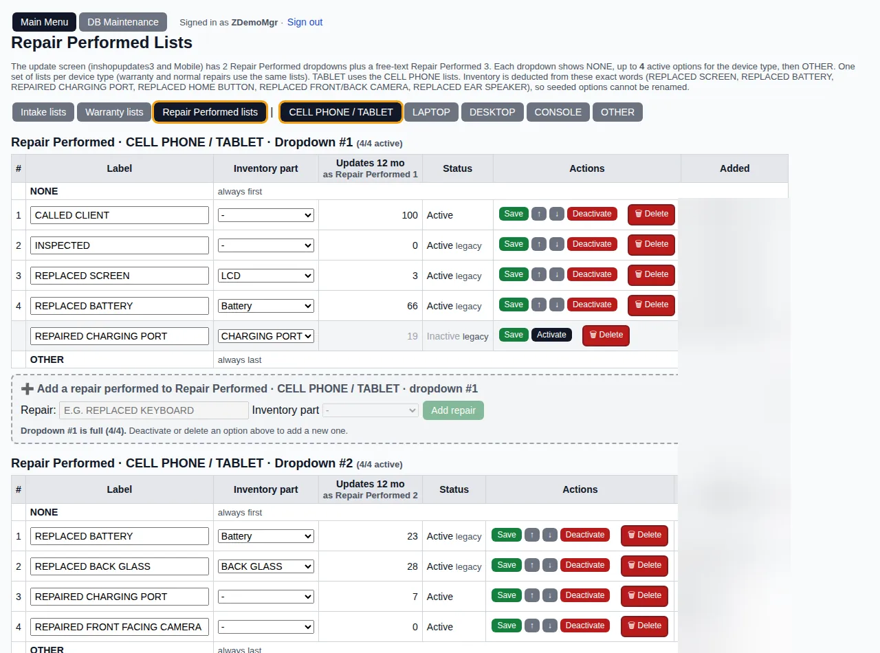 Repair Performed lists